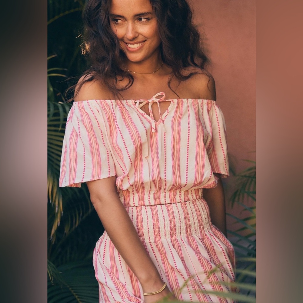 NWT! Marine Layer Tiana Textured Summer Elastic Hem Cropped Blouse Pink Stripe M
